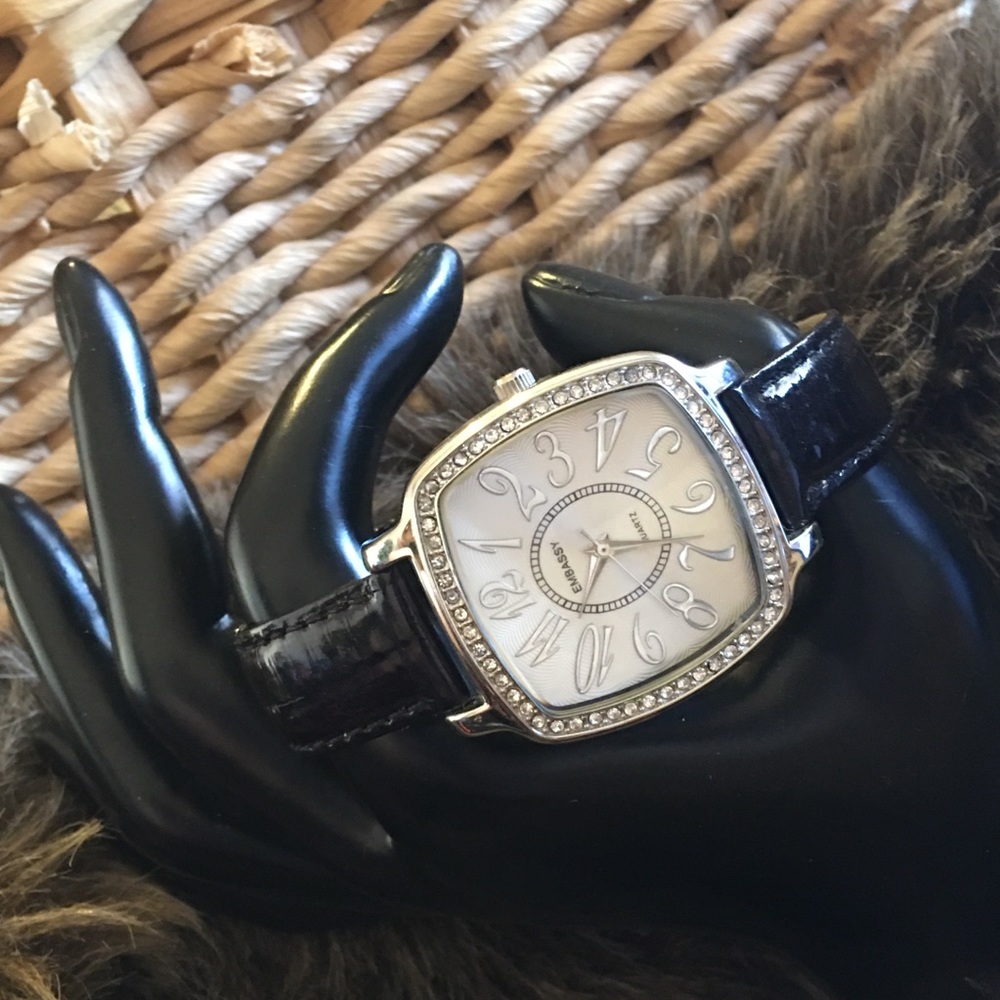 Ladies Embassy black leather rhinestone watch